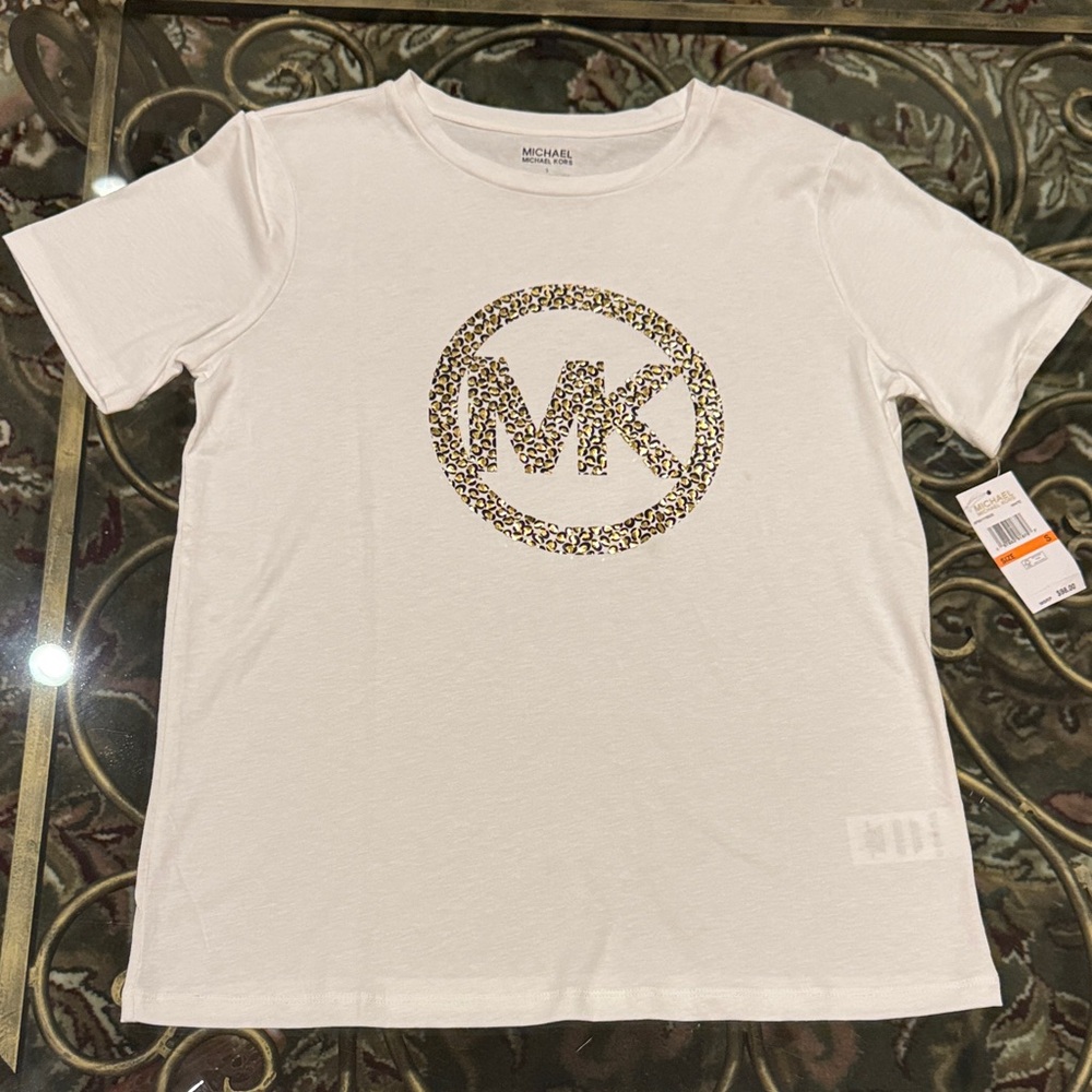 Michael Kors White Tee with Gold MK Logo - Picture 2 of 7